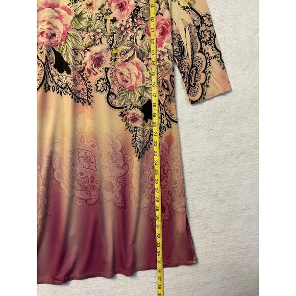 Floral Dress Womens Petite Small Pink Peach Ombre 3/4 Sleeve Stretch Made USA - Picture 4 of 7